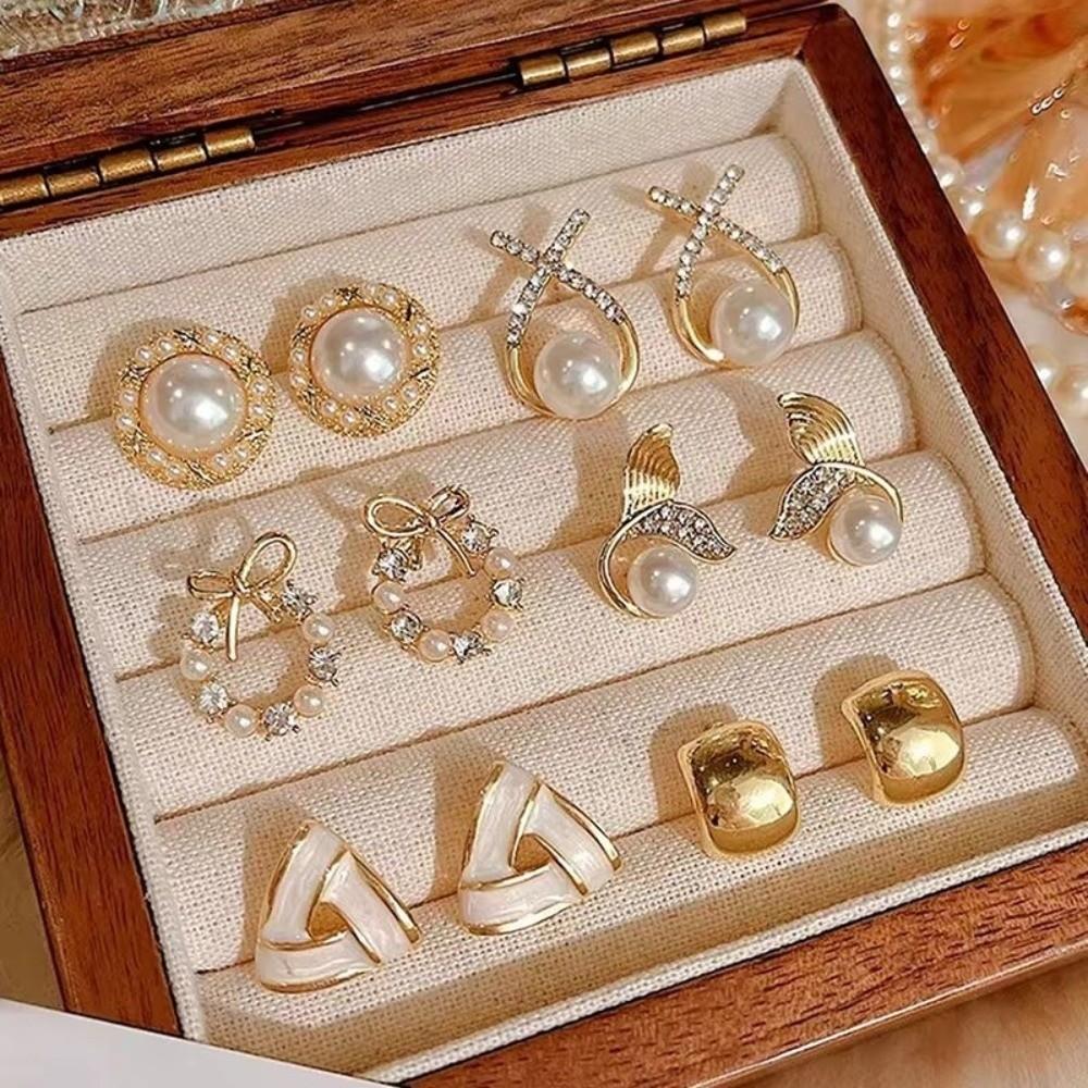 Round Square Stud Earrings Small Imitation Pearl Earrings  for Women Daily Jewelry Sets