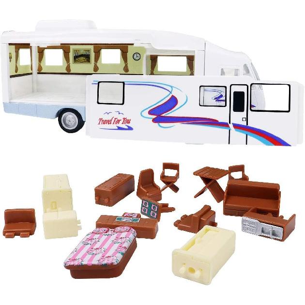 HAPTIME Cool Mini Motorhome Toy Die-cast Car Pullback Recreational Vehicle Pull Back RV with DIY Furnitures Holiday Camper Van Model for Kids
