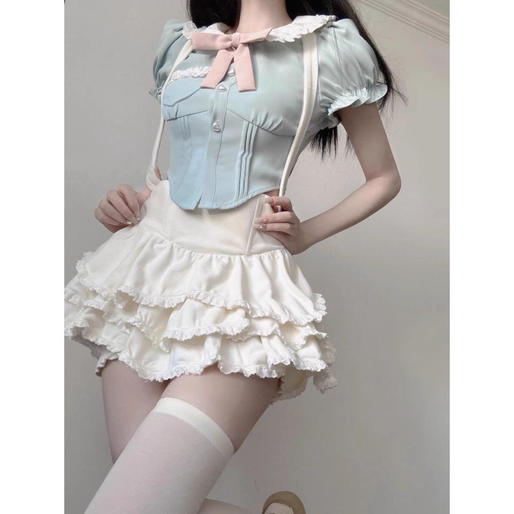 

Dopamine Women s Sweet Puff Sleeve Bear Top & Cute Suspender Skirt Set M (45-50kg)