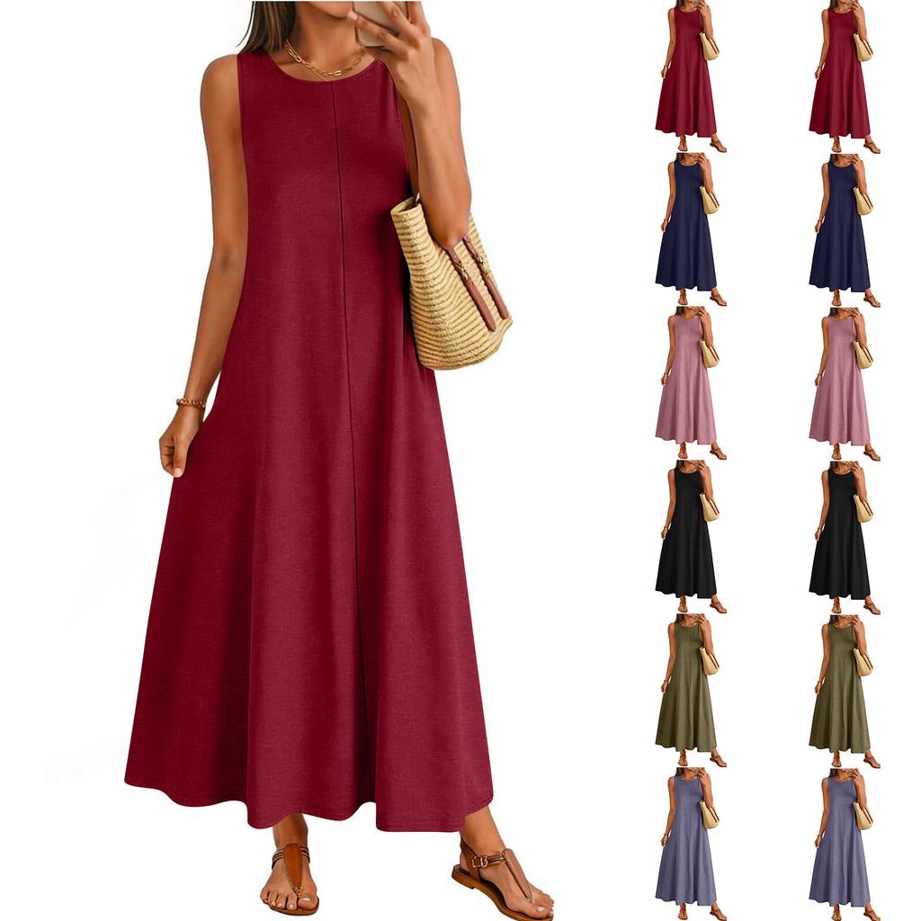 Damen Ärmelloses Lässiges Lockeres Langes Maxikleid Rundhalsausschnitt Basic Stil Strandurlaub Sommerkleid mit Dehnbarem Stoff