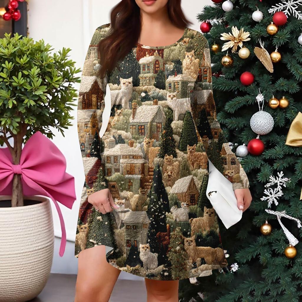 Dámské ležérní šaty s gradientním potiskem, kapsou, kulatým výstřihem a dlouhým rukávem ve větších velikostech na jaro/podzim