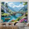 2D Bergsee-Wandteppich, 2D-Flachdruck Wasserfall und Brücke mit lebendigem Blumenhintergrundstoff