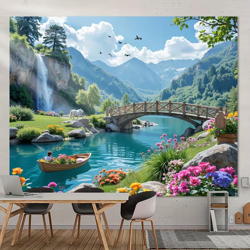 2D Bergsee-Wandteppich, 2D-Flachdruck Wasserfall und Brücke mit lebendigem Blumenhintergrundstoff