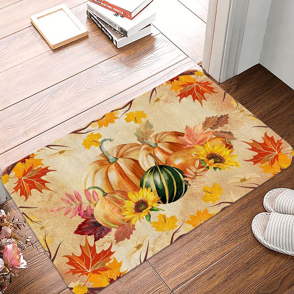 Festive Fall Farmhouse Carpet Pumpkin Harvest Door Mat 100% Polyester Maple Leaf Floral Design Rug Non-Slip For Machine Made