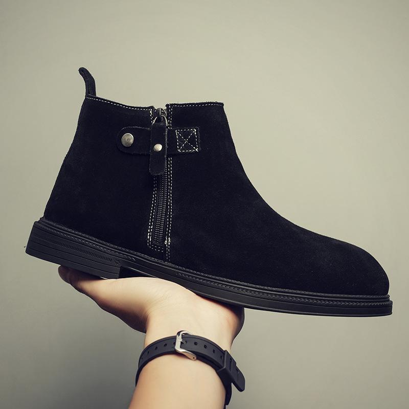 Chelsea Leather Boots Men's 2025 Autumn and Winter New Fleece Thickened Cotton Shoes Youth Medium and High Top Men's Martin Boots Tide