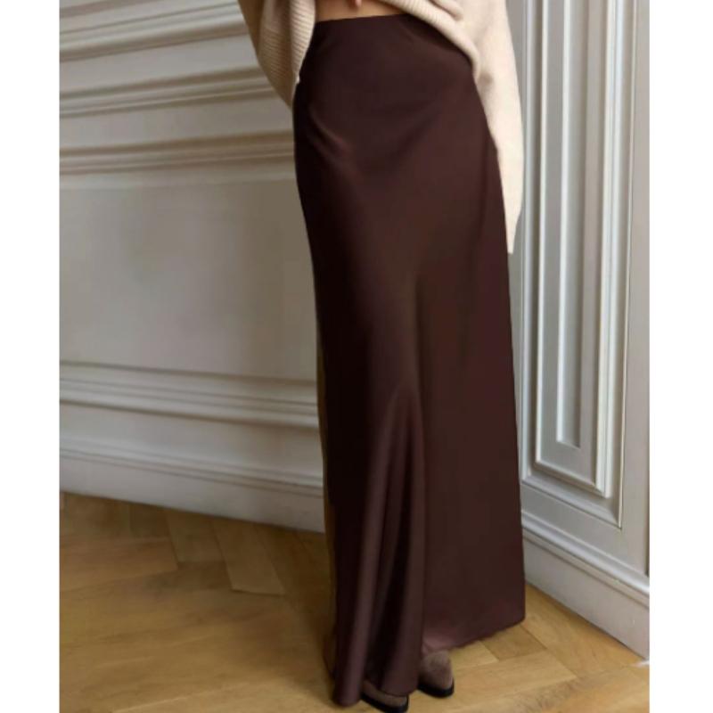 

Женская повседневная атласная юбка, модные свободные макси-юбки с высокой талией, элегантная простая шелковая юбка-рыбий хвост L кофейный