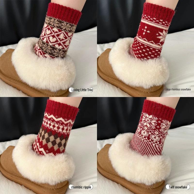 

Носки Fair Isle Красные Шерстяные, Год Овцы, С Бархатной Подкладкой для Теплого Зимнего Комфорта, Этнический Рождественский Стиль, Средняя Длина по Икре Heart Tree