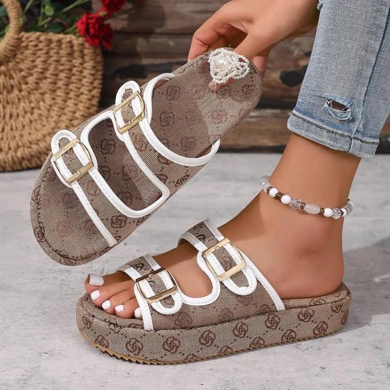Fashion Summer Women Slippers Vacation Travel Beach Double-buckle Sandals Holiday Printing Slippers Fashion Platform Shoes Slides Women