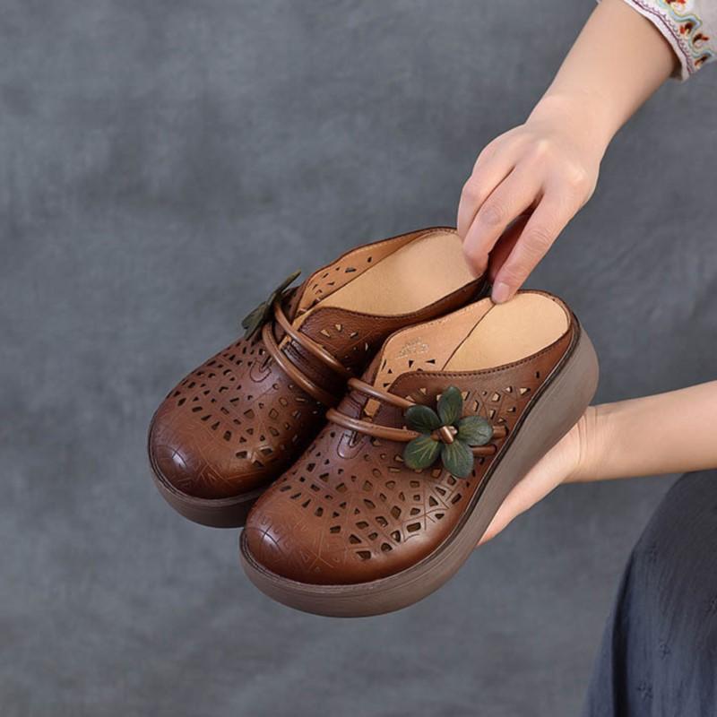 Johnature Ethnic Style Flower Wedges Slippers Genuine Leather Hollow Retro Outdoor Women's Sandals