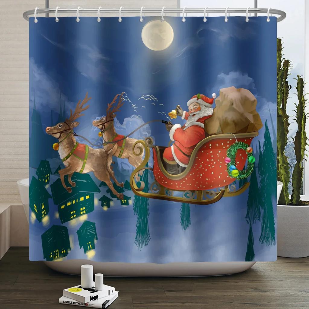 ~O~Full Night Moon Christmas Scene Shower Curtain Santa Claus Elk Deer Bathroom Partition Waterproof Hanging Curtain With Hooks