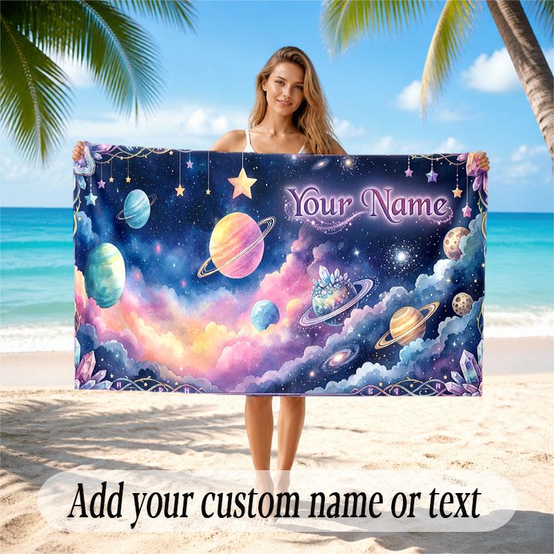 Space Cosmic Theme Soft Beach Towel Personalized Custom Name Text Towel Portable for Beach Pool Travel
