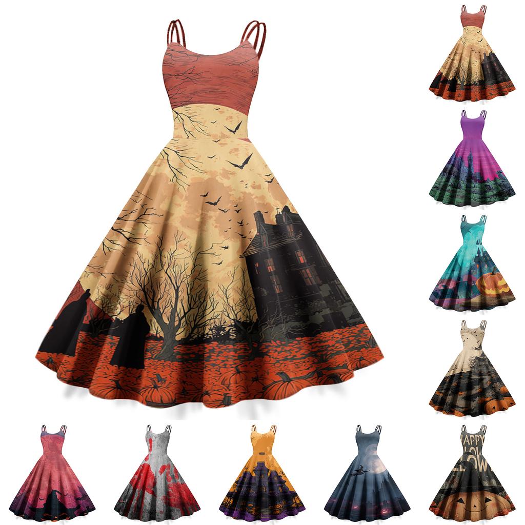 Women's Sleeveless Casual Dress with Halloween Print Round Neck Vintage Style Fit and Flare Midi Dress for Everyday Wear