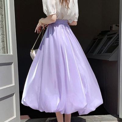 Falda Midi Morada Verano Cintura Alta Línea A Bajo Burbuja Faldas Acampanadas para Mujer