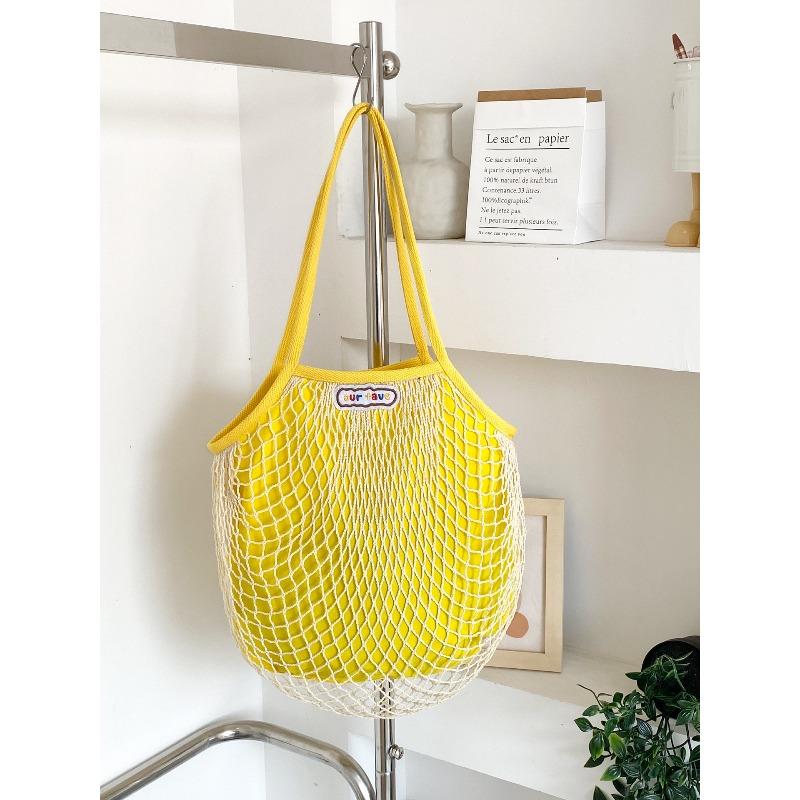 Spring Dopamine Contrasting Color Beach Bag Mesh Pocket Hollow Woven Bag Island Vacation Picnic Travel Shoulder Handbag