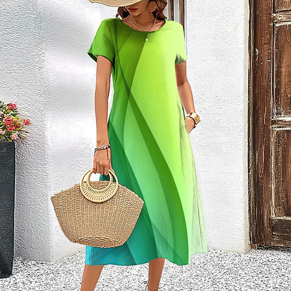 

Fashion Striped Pattern Women Mini Dresses Summer Short Sleeve 3D Printed Gradient Street Ladies Dress 3XL Plus Size Loose Dress XL