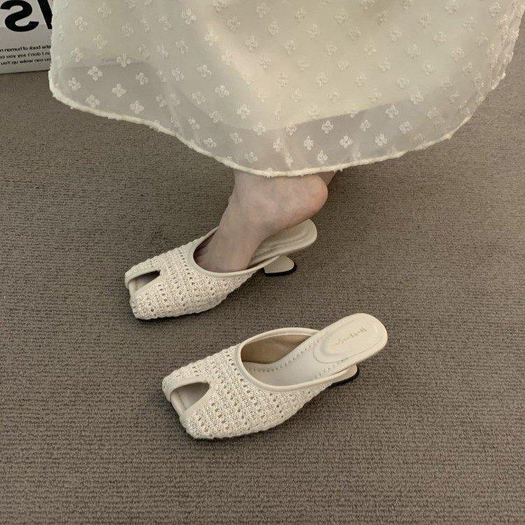 High Heel Niche Bohemian Women's Outer Wear Summer Vacation Woven Coarse Heel Baotou Sandals Khaki