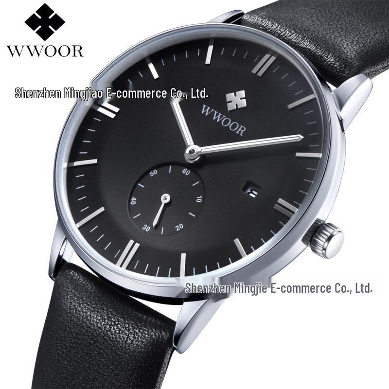 WWOOR 8808 Men's Quartz Watch - Waterproof, Leather Strap, Calendar Feature, Business Style