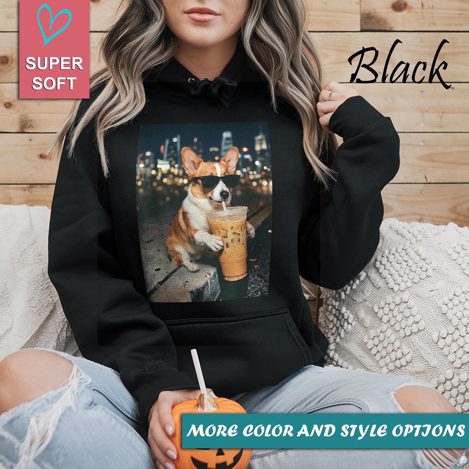 Funny Corgi Drinking Iced Coffee Shirt, Cool Dog with Sunglasses Graphic Tee, Pet Lover Gift, Trendy Dog Mom Shirt 3XL