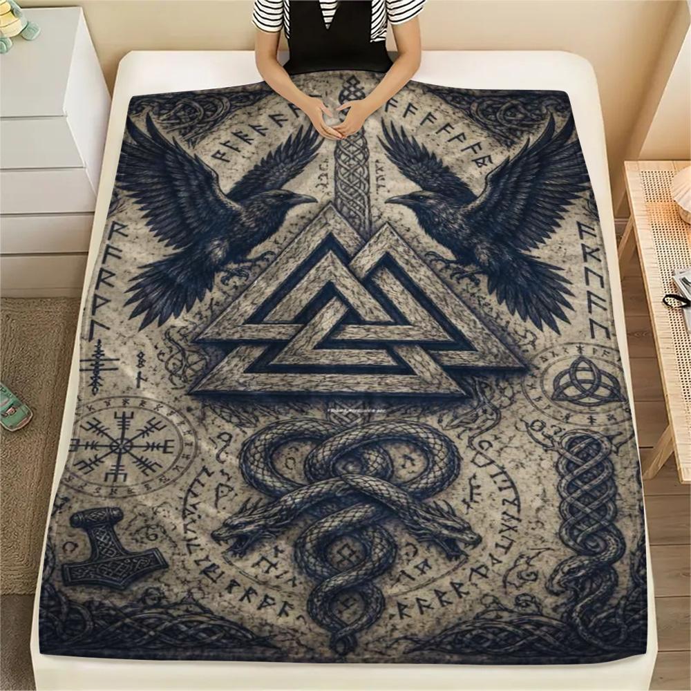 Nordische Rune Rabe Schlange Vintage Druck Flanell Überwurfdecke, Weiche Warme Sofa Bettdecke, Mythologie Heimdeko Decke