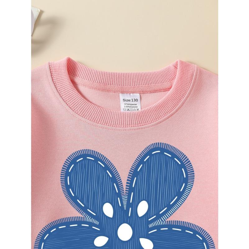 European sizes Girls' Long-Sleeve Round Neck Sweatshirt "Blue Stitched Flower" Print, Spring/Autumn, Casual, Daily & Sports.