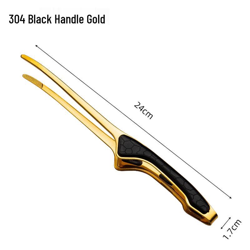 Gold Stainless Steel Korean BBQ Tongs with Green Rubber Handle, Japanese Restaurant Style Grilling Tongs for Steak and Food.