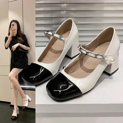 Fashion Shallow Mouth Square Toe Woman Shoes 2024 Thick Heeled Sandals Women Vintage Elegant Chain Pearl Mary Jane Shoes Office Pumps