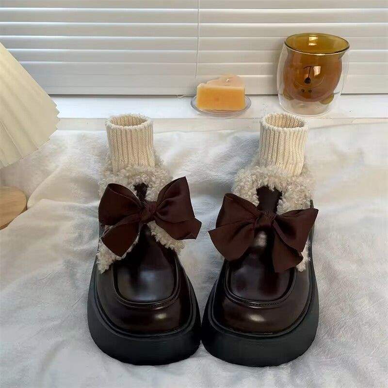 31-46 Black British style small leather shoes autumn and winter 2025 new platform loafers velvet cotton shoes Mary Jane shoes