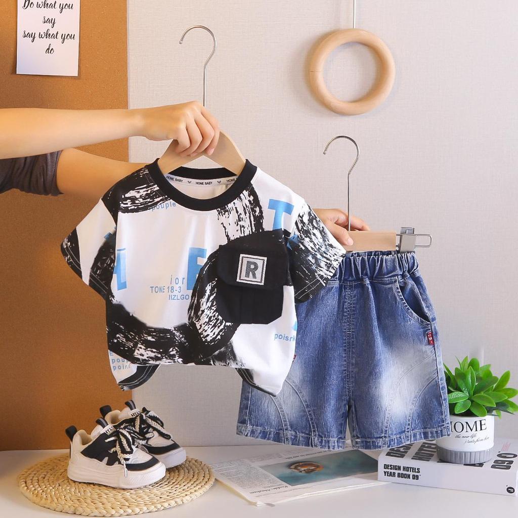 2026 New Boys' Summer Outfit: Stylish Infant Letter Pocket Short Sleeve Two-Piece Set