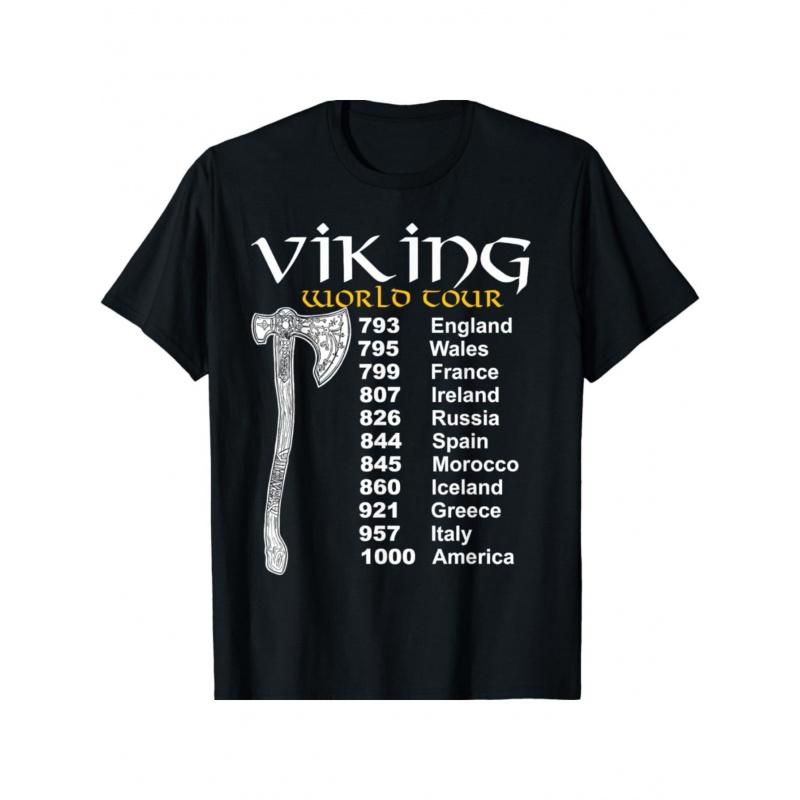 Viking World Tour T-Shirt - Viking Ship Map Design with Norse Countries & Viking Age Dates - Unisex Casual Round Neck Short Sleeve Tee for Men &