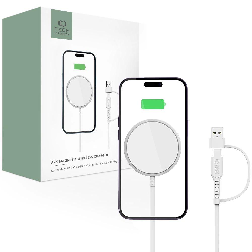 Carregador indutivo Tech-Protect Qi15W-A25 Magsafe 15W com cabo USB-A / USB-C - Branco