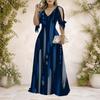 Women Plus Size Dark Blue Printed V Neck Cold Shoulder Short Sleeve Tie Cuff A Line Long Dress