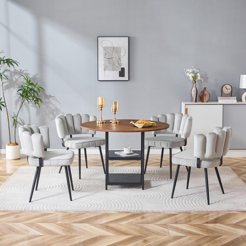 Table and Chair Set, Round 107 Cm Dining Table In Walnut Look, Double Storage Level, 4 Light Gray Fabric Dining Chairs, Flower-Shaped Backrest