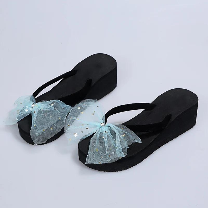 

Fashion 2025 Summer Colorful Mesh Bowknot Flip Flops for Women Star Sequins Wedges Clip Toe Sandals Lightweight Platform Beach Slippers 42