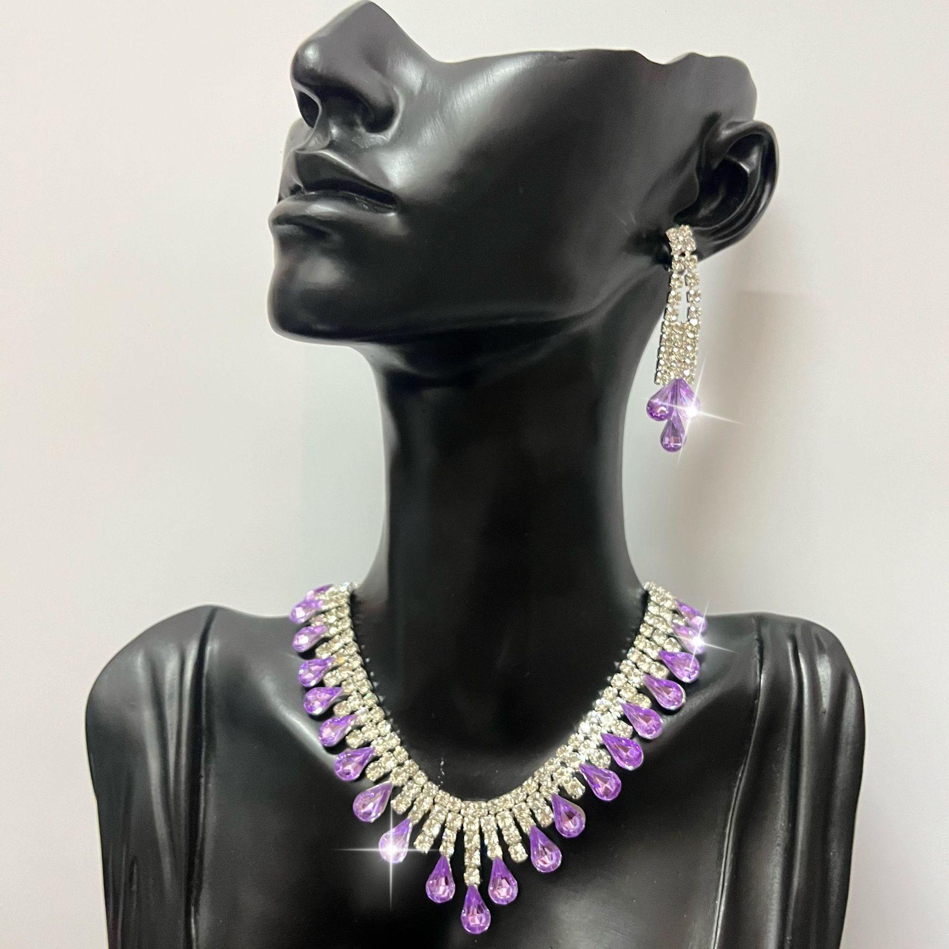 Elegant Purple Water Drop Jewelry Set: Necklace and Earrings for Bridal or Evening Wear