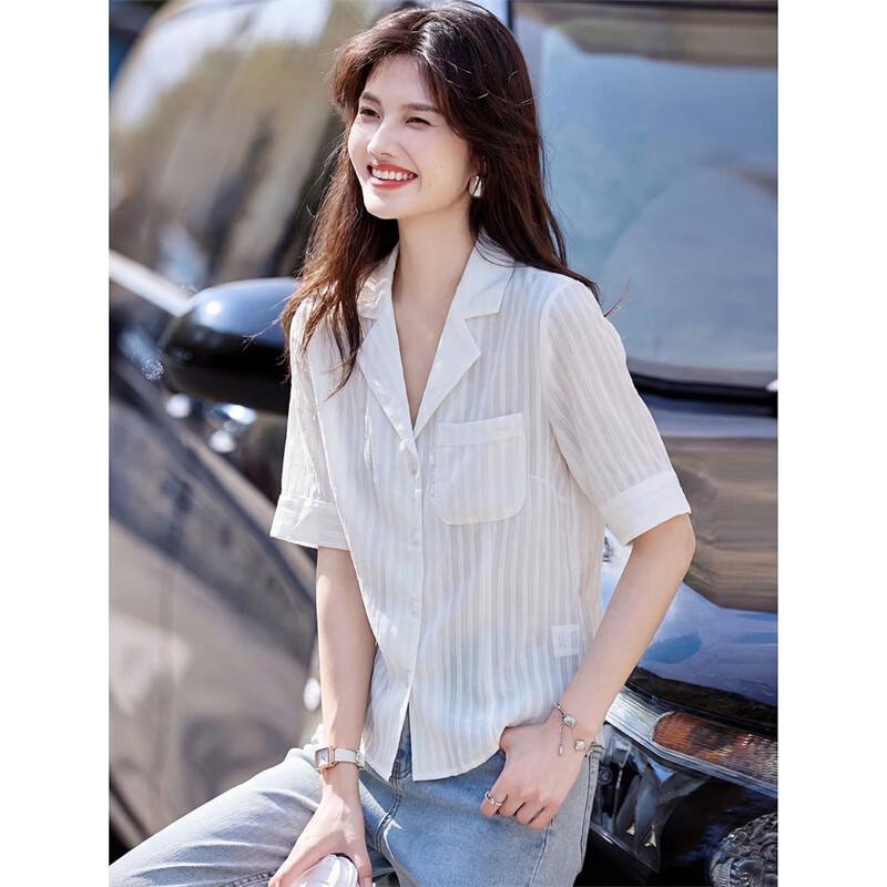 Women s Striped Notched Lapel Short Sleeve Blouse L