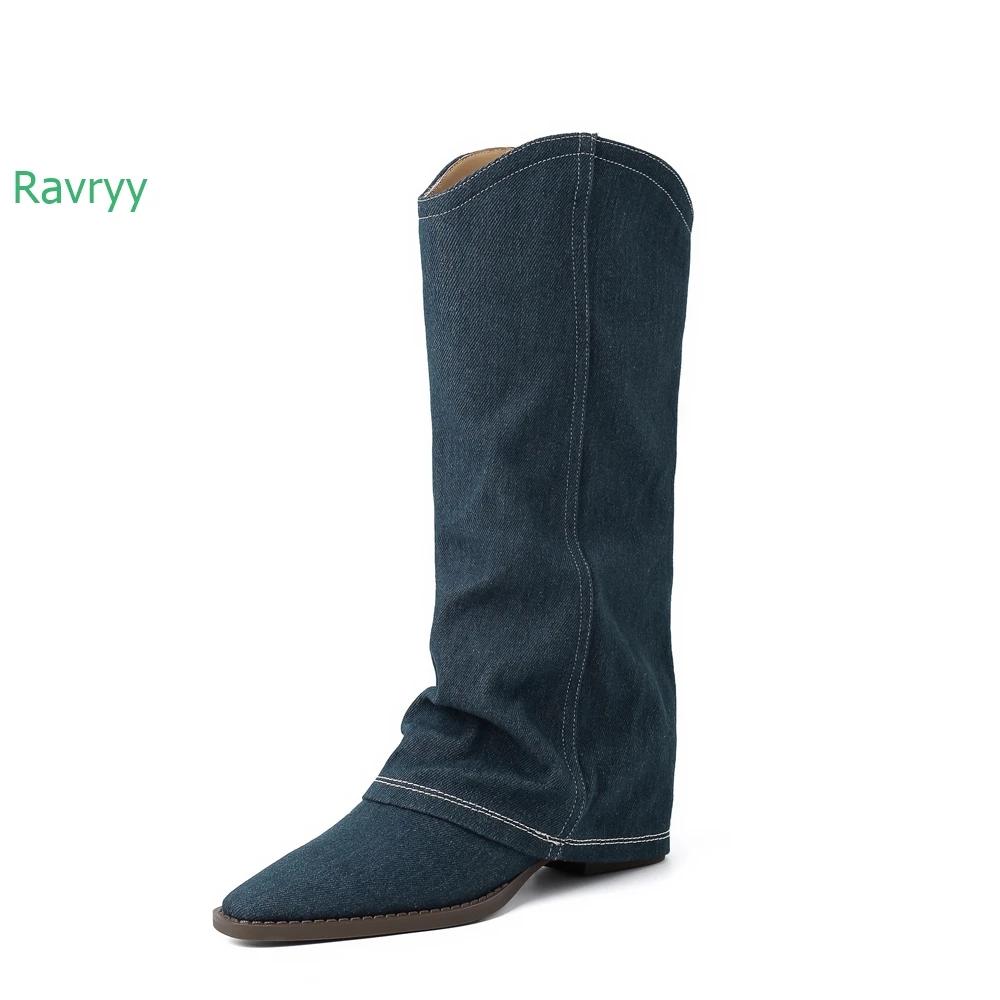 

Fashion 2025 New Western Cowboy Boots Denim Pointed Toe Mid-Chunky Heel V Mouth Autumn and Winter All-Match Retro Pile Women Boots 34