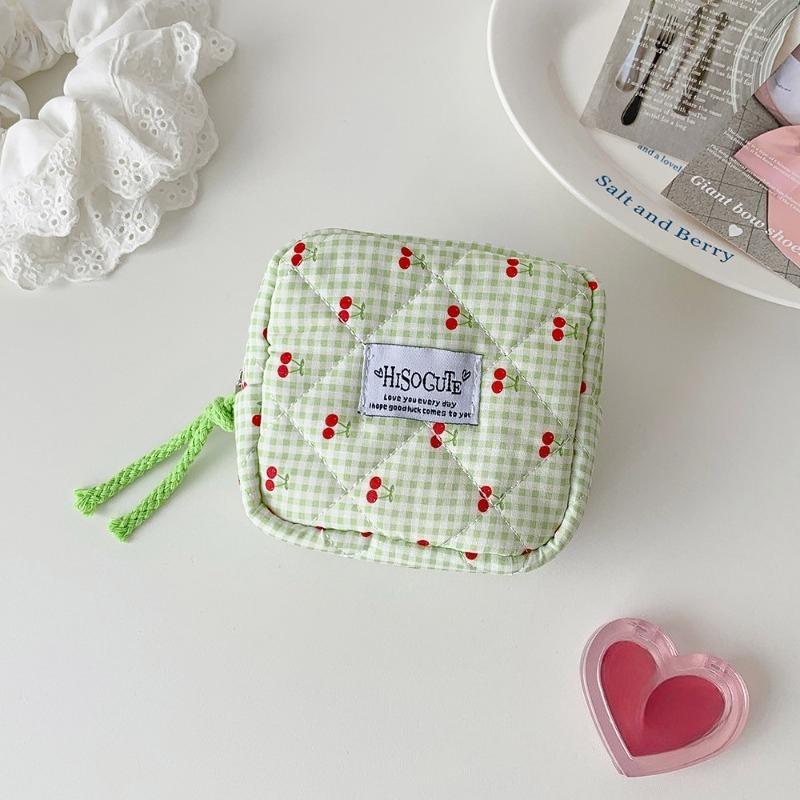 Travel Mini Cosmetic Storage Bag Women Cute Cherry Print Lipstick Key Pouch Student Portable Sanitary Napkin Organizer Case