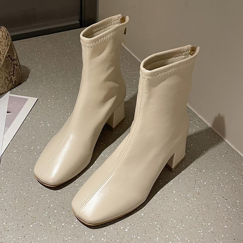 Elastic Skinny Boots Short Boots Medium Heel Thick Heel Square Head Martin Boots Retro and Naked Boots Spring and Autumn New