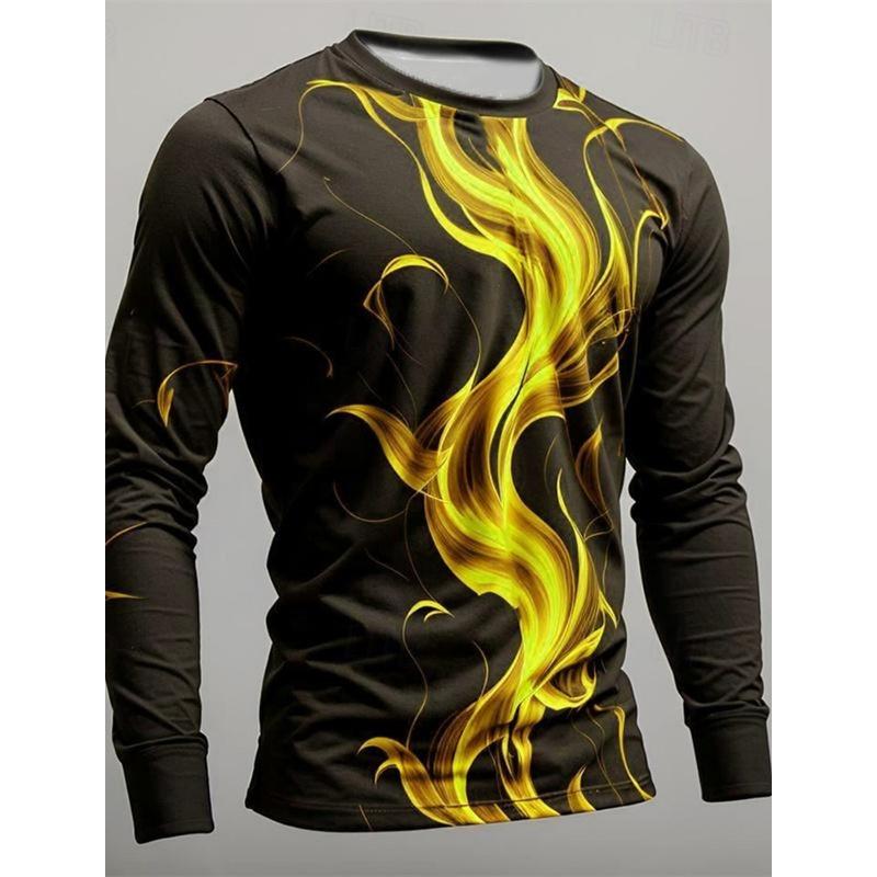 3D Printed Flame Scratch Pattern 3D Printed Autumn Men's Crew Neck T-Shirt Casual Long Sleeve Oversized Pullover Fashion Tops