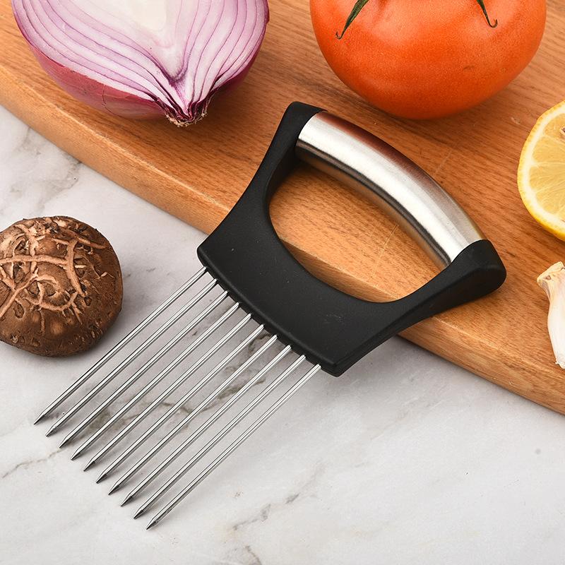 Stainless Steel Onion Cutter Holder Food Slicers Assistant Tomato Onion Slicer Holder Vegetables Cutting Fork Kitchen Gadgets