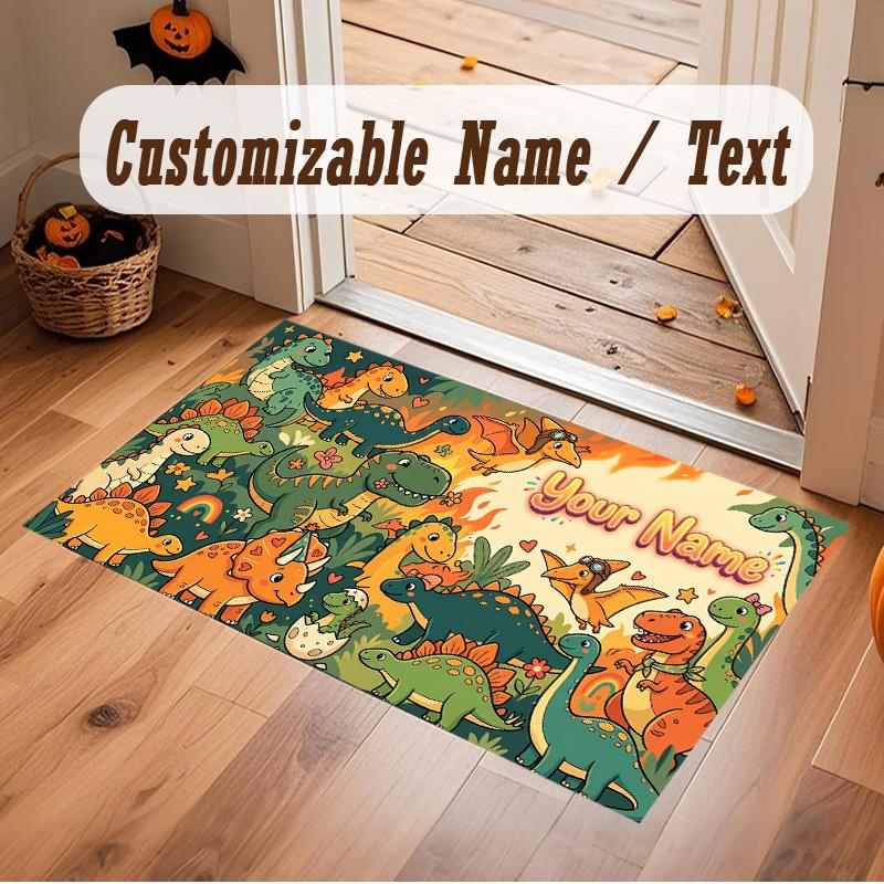 Dinosaur Theme Soft Crystal Velvet Rug Custom Name & Text Print Non Slip Floor Rug for Bedroom Living Room