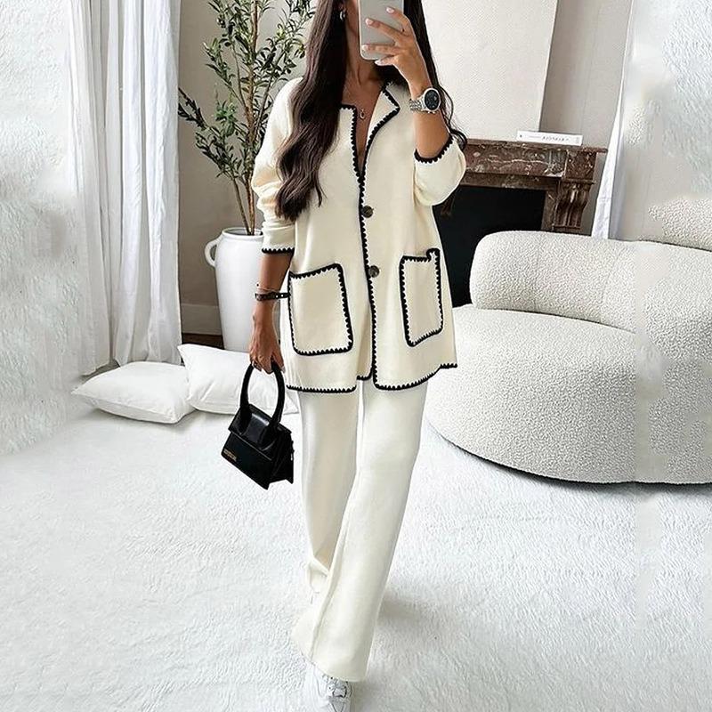Fashion Patchwork Pocket O-neck Long Sleeve Coat for Women Elegant Single Breasted Cardigan Jacket Knitting Crop Female Coats Warm Outerwear Two-piece