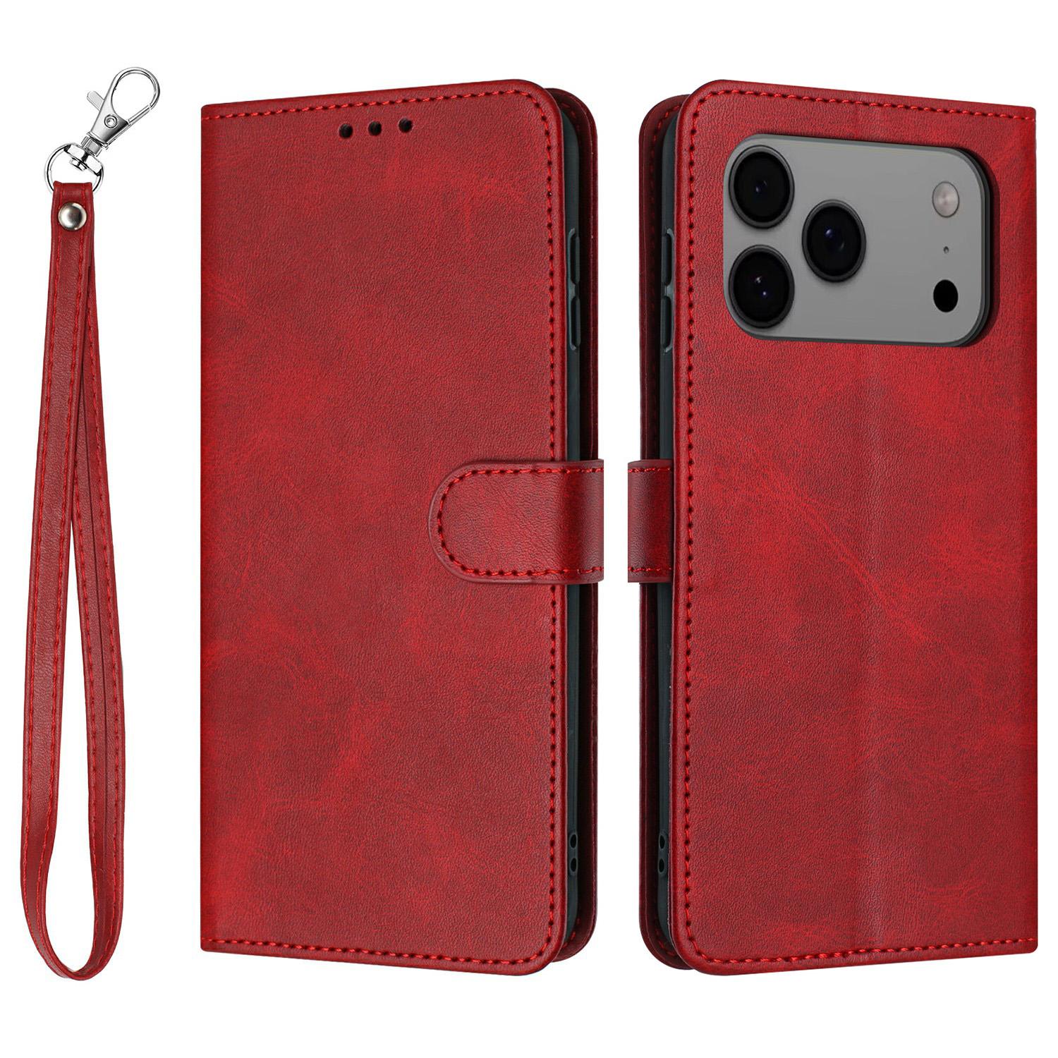 

For iPhone 17 Pro Max Case Flip Stand Calf Texture PU Leather Wallet Phone Cover with Strap Red