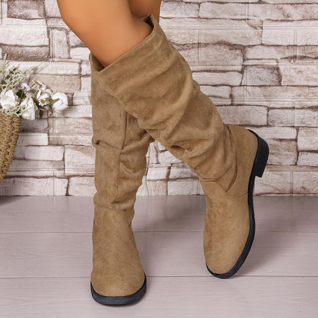 Fashion Pleated Boots Women Suede Knee High Boots 2025 Autumn/Winter Fashion Women Fashion Slip on Square Mid Heel Knight Booties