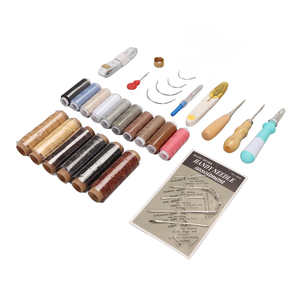 Leather Sewing Kit 16 Colors Waxed Thread Large Eye Stitching Needles Awl Sewing Thimble Leather