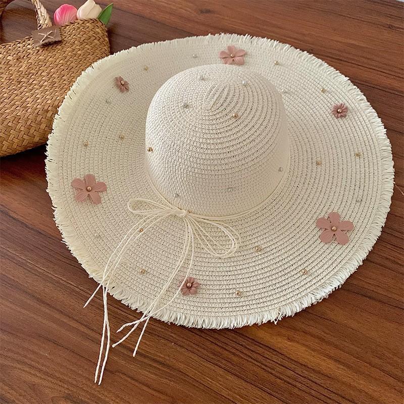 French Lace Bow Summer Wide Brim Hat For Sun Protection Beach Vacation Fans