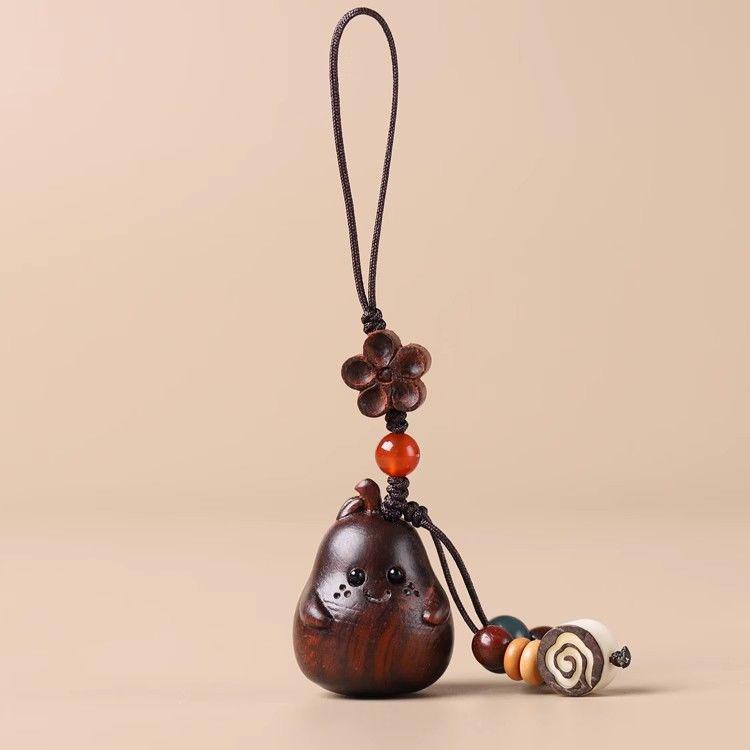 Sandalwood Cartoon Pear Inseparable Couple Mobile Phone Chain, Solid Wood Carving Crafts, Cute Pear Bag Decoration Pendant
