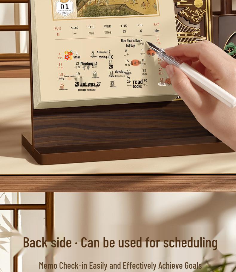 Customized 2026 Wooden Stand Enterprise Calendar – Creative Business Office Memo Gift Box