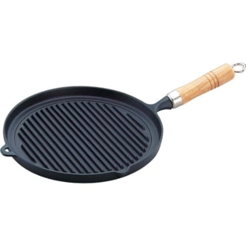 Iwachu Grill Pan with Wooden Handle, Black Finish, Inner Diameter 24.5cm, Induction Compatible, Nanbu Ironware, 23029