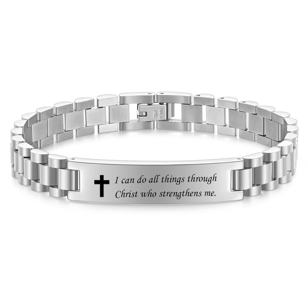10MM Engraved Cross Bracelet, Men's Stainless Steel Scripture Curved Plate Bracelet